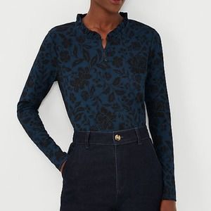 NWT Ann Taylor Petite Small Floral Ruffle Neck Top Midnight Spruce